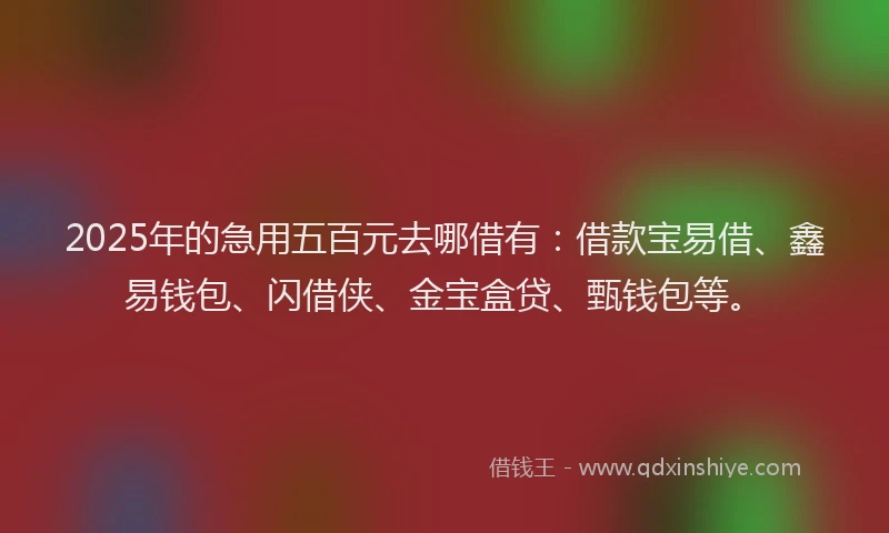 2025年的急用五百元去哪借有：借款宝易借、鑫易钱包、闪借侠、金宝盒贷、甄钱包等。