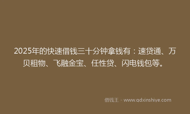 2025年的快速借钱三十分钟拿钱有：速贷通、万贝租物、飞融金宝、任性贷、闪电钱包等。