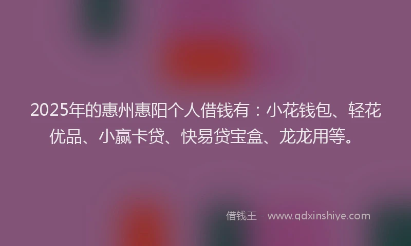 2025年的惠州惠阳个人借钱有：小花钱包、轻花优品、小赢卡贷、快易贷宝盒、龙龙用等。