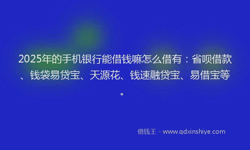 2025年的手机银行能借钱嘛怎么借有：省呗借款、钱袋易贷宝、天源花、钱速融贷宝、易借宝等。