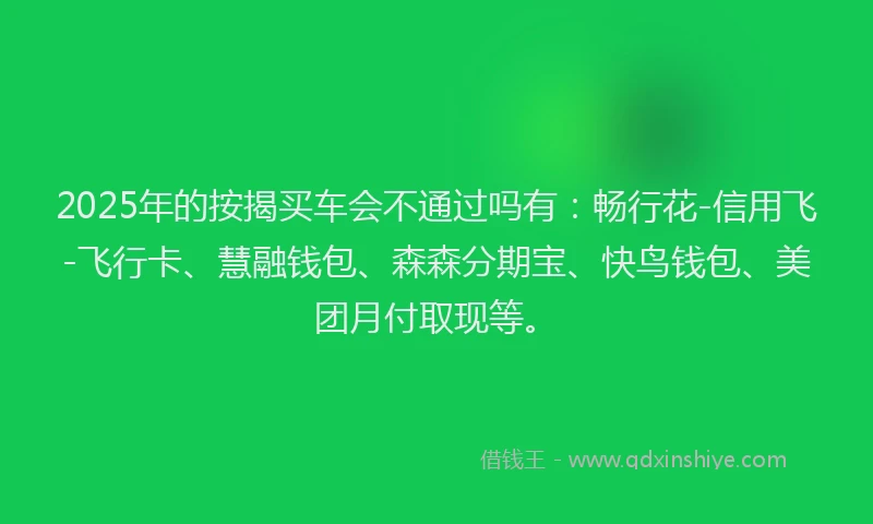 2025年的按揭买车会不通过吗有：畅行花-信用飞-飞行卡、慧融钱包、森森分期宝、快鸟钱包、美团月付取现等。