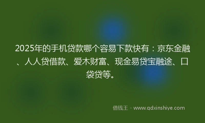 2025年的手机贷款哪个容易下款快有：京东金融、人人贷借款、爱木财富、现金易贷宝融途、口袋贷等。