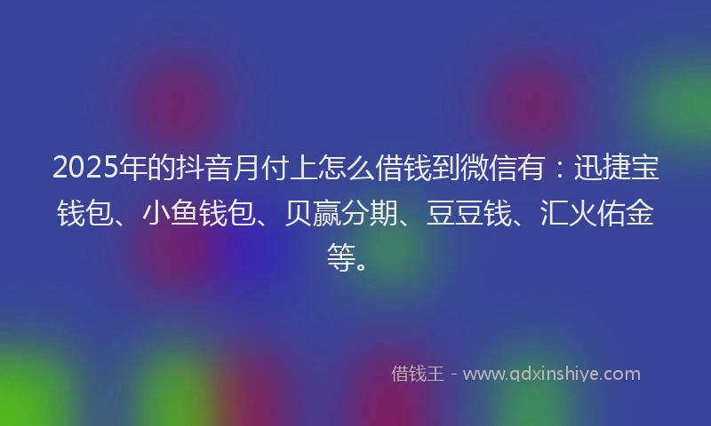 2025年的抖音月付上怎么借钱到微信有：迅捷宝钱包、小鱼钱包、贝赢分期、豆豆钱、汇火佑金等。
