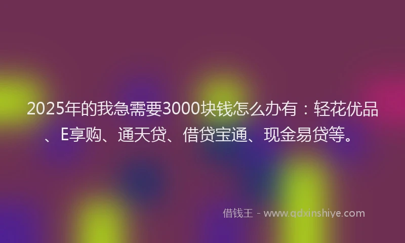 2025年的我急需要3000块钱怎么办有：轻花优品、E享购、通天贷、借贷宝通、现金易贷等。