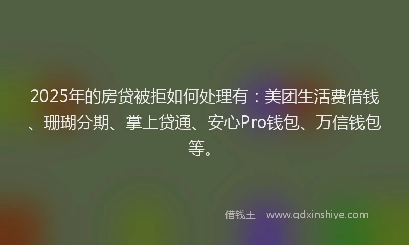 2025年的房贷被拒如何处理有：美团生活费借钱、珊瑚分期、掌上贷通、安心Pro钱包、万信钱包等。