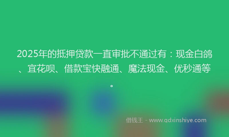 2025年的抵押贷款一直审批不通过有：现金白鸽、宜花呗、借款宝快融通、魔法现金、优秒通等。