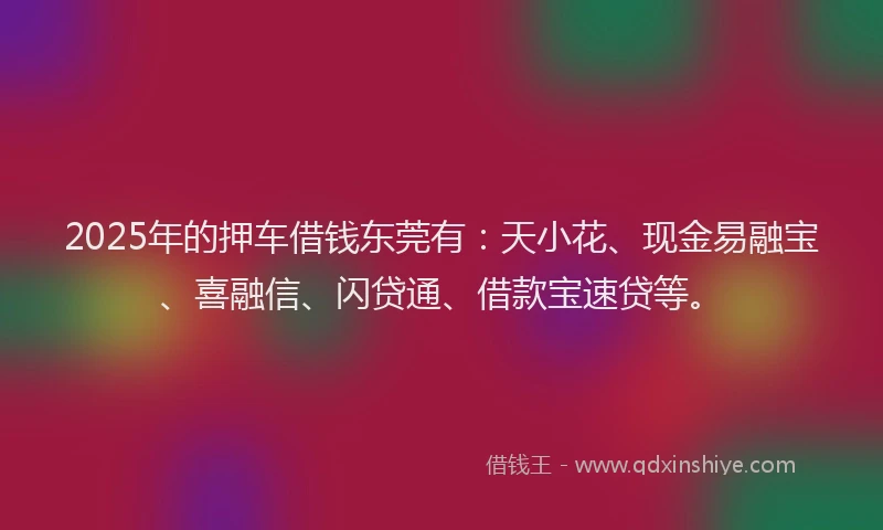 2025年的押车借钱东莞有：天小花、现金易融宝、喜融信、闪贷通、借款宝速贷等。