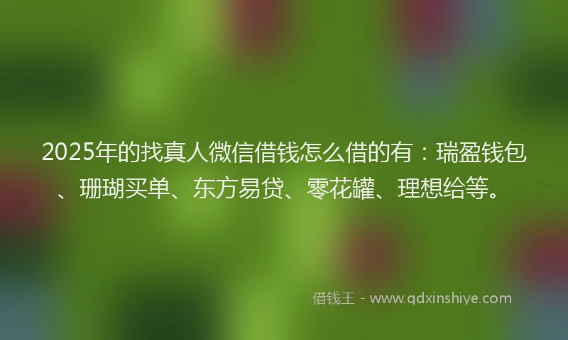 2025年的找真人微信借钱怎么借的有：瑞盈钱包、珊瑚买单、东方易贷、零花罐、理想给等。