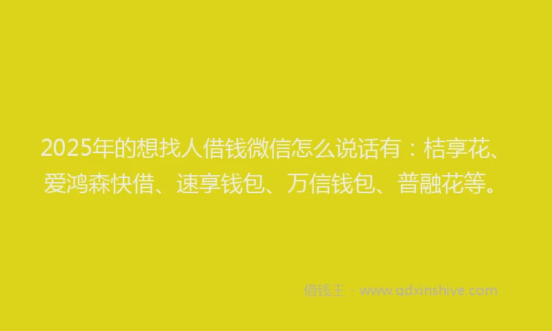 2025年的想找人借钱微信怎么说话有：桔享花、爱鸿森快借、速享钱包、万信钱包、普融花等。