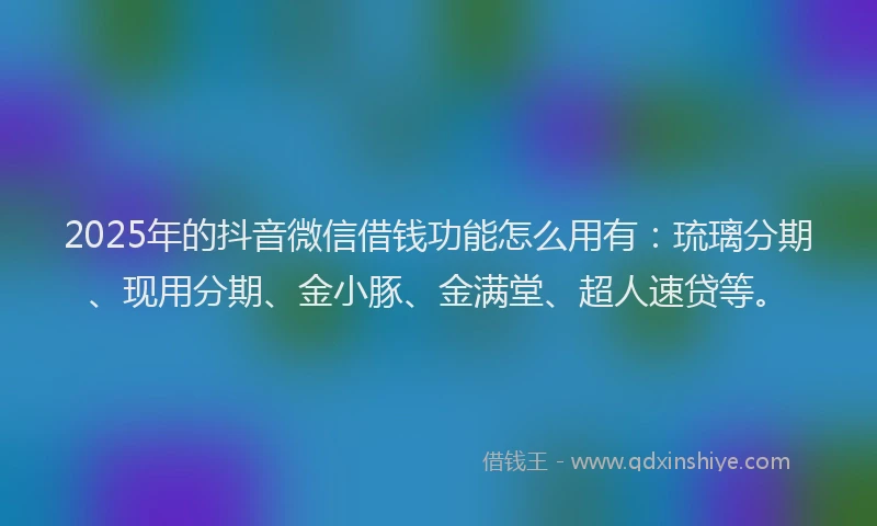 2025年的抖音微信借钱功能怎么用有：琉璃分期、现用分期、金小豚、金满堂、超人速贷等。