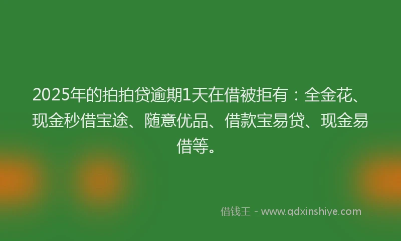 2025年的拍拍贷逾期1天在借被拒有：全金花、现金秒借宝途、随意优品、借款宝易贷、现金易借等。