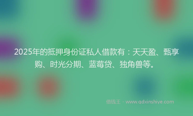 2025年的抵押身份证私人借款有：天天盈、甄享购、时光分期、蓝莓贷、独角兽等。