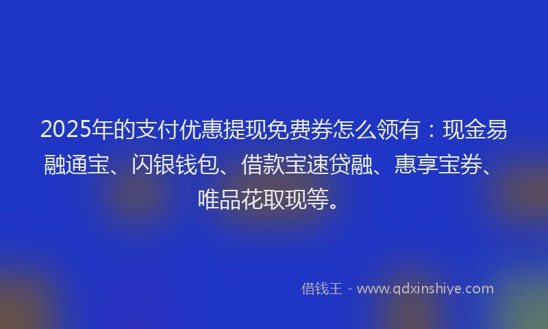 2025年的支付优惠提现免费券怎么领有：现金易融通宝、闪银钱包、借款宝速贷融、惠享宝券、唯品花取现等。