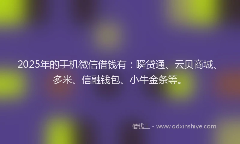 2025年的手机微信借钱有：瞬贷通、云贝商城、多米、信融钱包、小牛金条等。