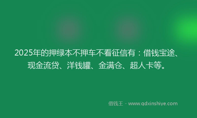 2025年的押绿本不押车不看征信有：借钱宝途、现金流贷、洋钱罐、金满仓、超人卡等。