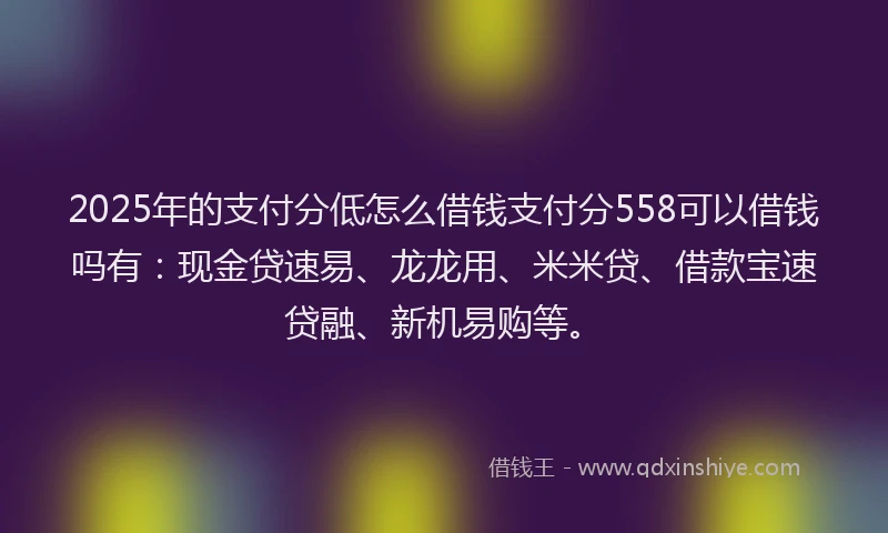 2025年的支付分低怎么借钱支付分558可以借钱吗有：现金贷速易、龙龙用、米米贷、借款宝速贷融、新机易购等。