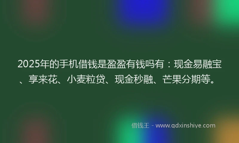 2025年的手机借钱是盈盈有钱吗有：现金易融宝、享来花、小麦粒贷、现金秒融、芒果分期等。