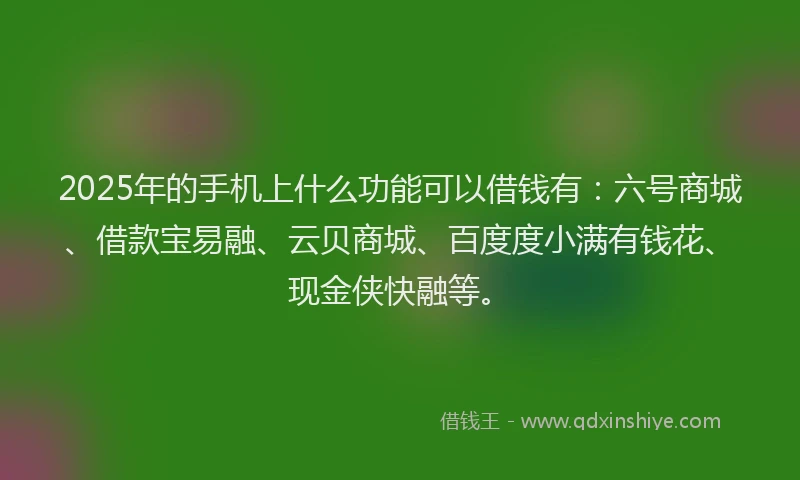 2025年的手机上什么功能可以借钱有：六号商城、借款宝易融、云贝商城、百度度小满有钱花、现金侠快融等。