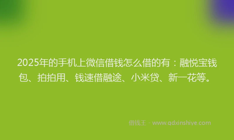 2025年的手机上微信借钱怎么借的有：融悦宝钱包、拍拍用、钱速借融途、小米贷、新一花等。