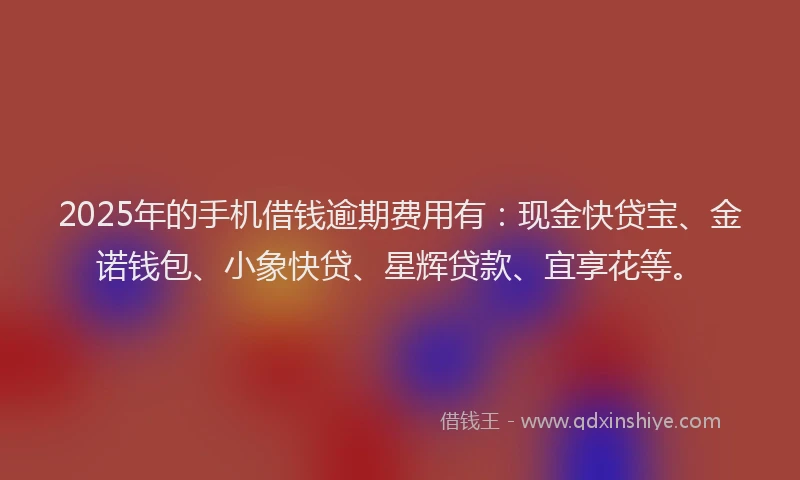 2025年的手机借钱逾期费用有：现金快贷宝、金诺钱包、小象快贷、星辉贷款、宜享花等。