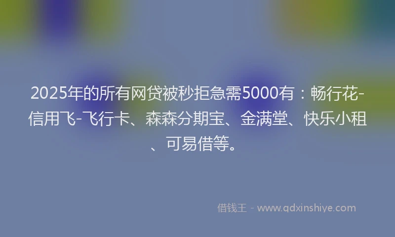 2025年的所有网贷被秒拒急需5000有：畅行花-信用飞-飞行卡、森森分期宝、金满堂、快乐小租、可易借等。