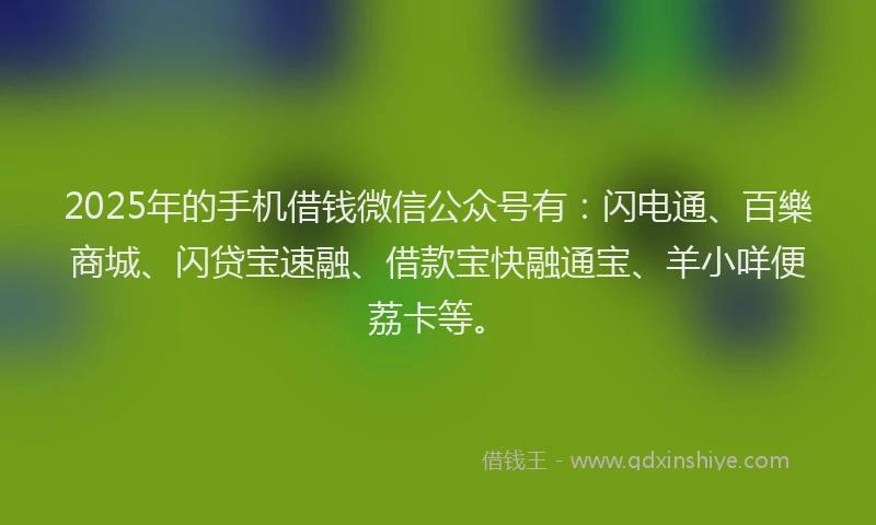 2025年的手机借钱微信公众号有：闪电通、百樂商城、闪贷宝速融、借款宝快融通宝、羊小咩便荔卡等。