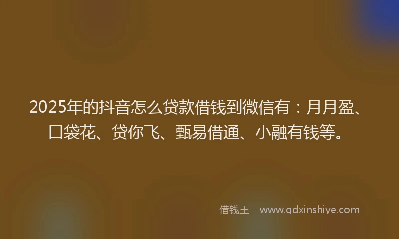 2025年的抖音怎么贷款借钱到微信有：月月盈、口袋花、贷你飞、甄易借通、小融有钱等。