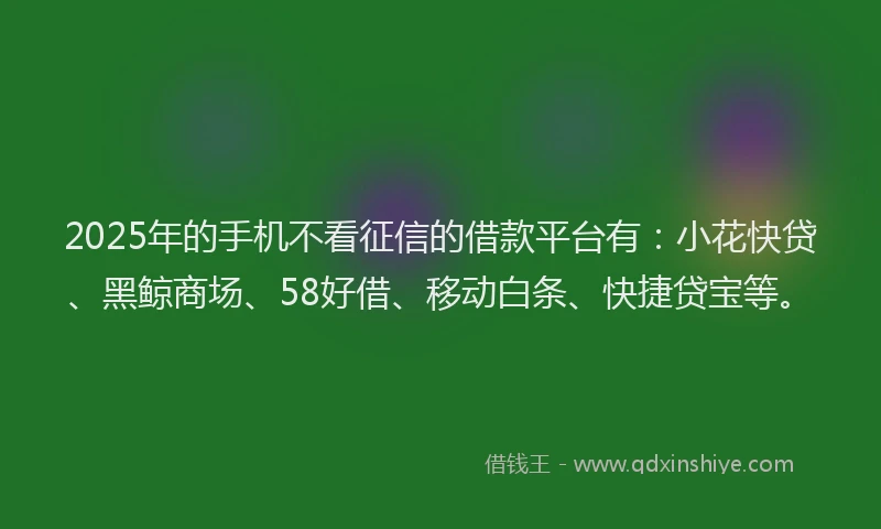 2025年的手机不看征信的借款平台有：小花快贷、黑鲸商场、58好借、移动白条、快捷贷宝等。