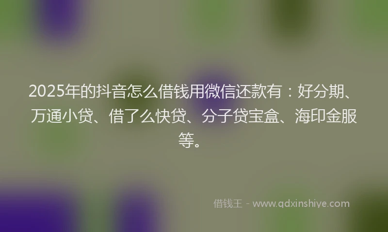 2025年的抖音怎么借钱用微信还款有：好分期、万通小贷、借了么快贷、分子贷宝盒、海印金服等。