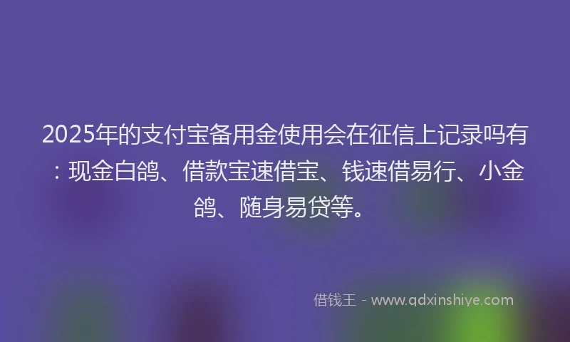2025年的支付宝备用金使用会在征信上记录吗有：现金白鸽、借款宝速借宝、钱速借易行、小金鸽、随身易贷等。