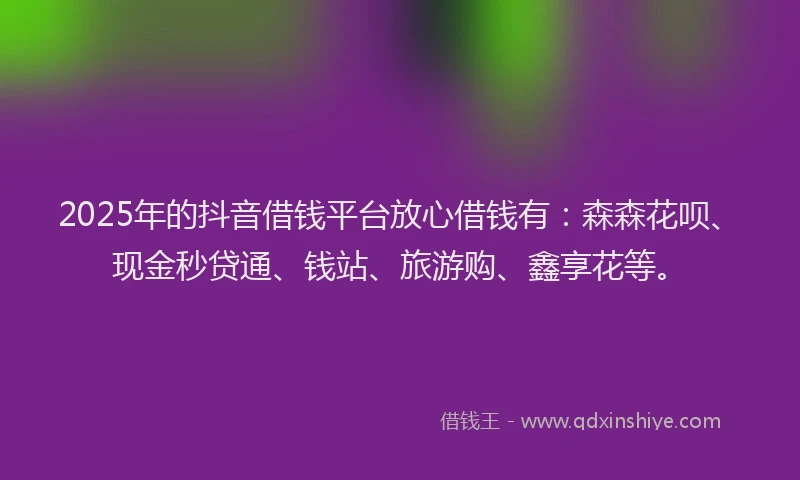 2025年的抖音借钱平台放心借钱有：森森花呗、现金秒贷通、钱站、旅游购、鑫享花等。