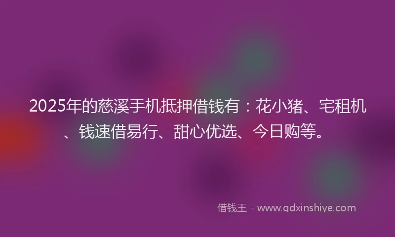 2025年的慈溪手机抵押借钱有：花小猪、宅租机、钱速借易行、甜心优选、今日购等。