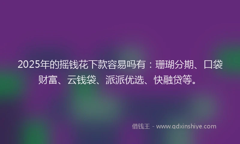 2025年的摇钱花下款容易吗有：珊瑚分期、口袋财富、云钱袋、派派优选、快融贷等。