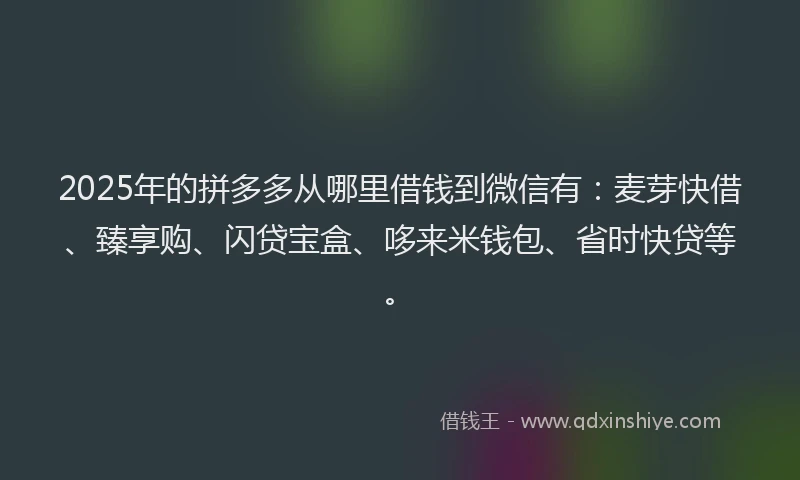 2025年的拼多多从哪里借钱到微信有：麦芽快借、臻享购、闪贷宝盒、哆来米钱包、省时快贷等。