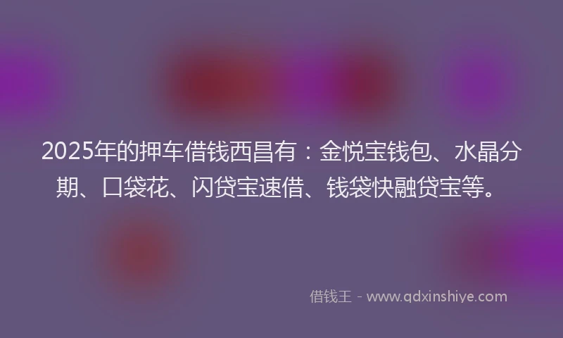 2025年的押车借钱西昌有：金悦宝钱包、水晶分期、口袋花、闪贷宝速借、钱袋快融贷宝等。