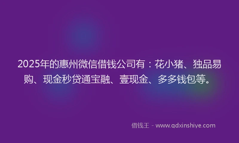 2025年的惠州微信借钱公司有：花小猪、独品易购、现金秒贷通宝融、壹现金、多多钱包等。