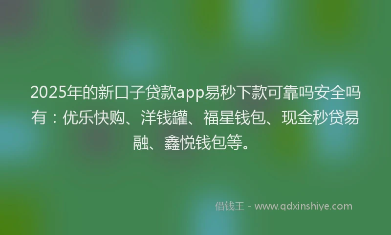 2025年的新口子贷款app易秒下款可靠吗安全吗有：优乐快购、洋钱罐、福星钱包、现金秒贷易融、鑫悦钱包等。