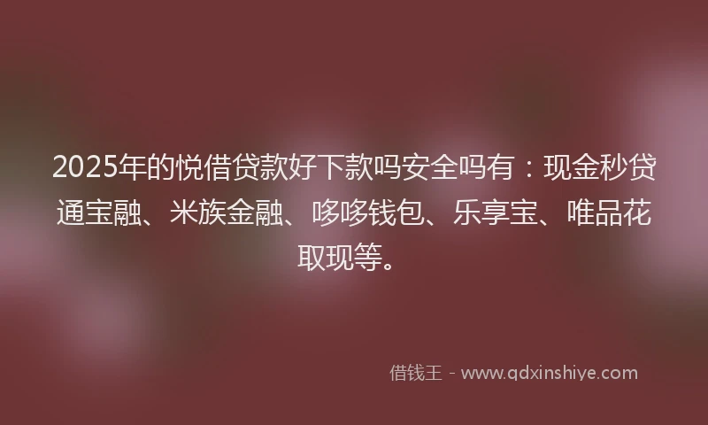 2025年的悦借贷款好下款吗安全吗有：现金秒贷通宝融、米族金融、哆哆钱包、乐享宝、唯品花取现等。