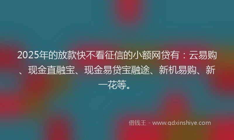 2025年的放款快不看征信的小额网贷有：云易购、现金直融宝、现金易贷宝融途、新机易购、新一花等。
