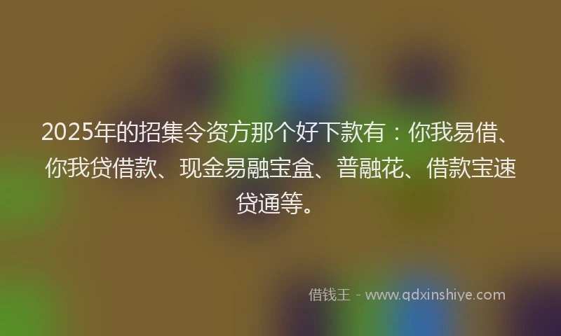 2025年的招集令资方那个好下款有：你我易借、你我贷借款、现金易融宝盒、普融花、借款宝速贷通等。