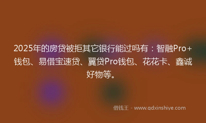 2025年的房贷被拒其它银行能过吗有：智融Pro+钱包、易借宝速贷、翼贷Pro钱包、花花卡、鑫诚好物等。