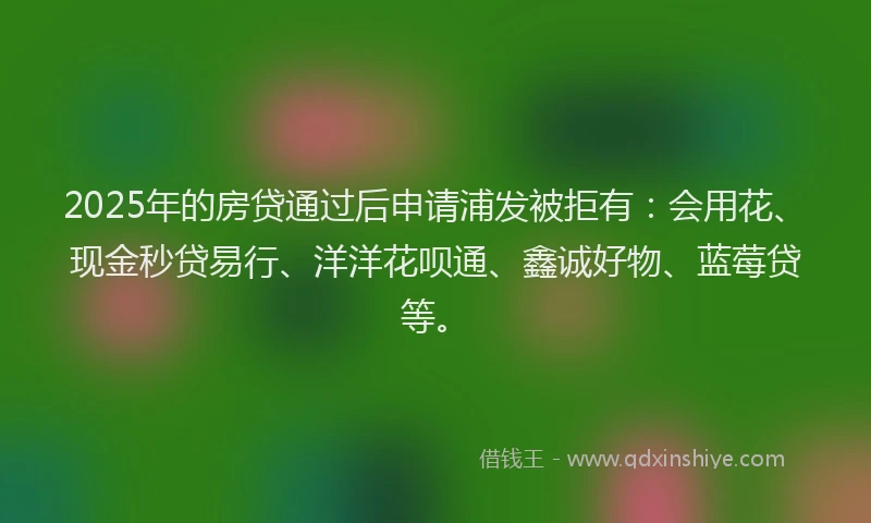 2025年的房贷通过后申请浦发被拒有：会用花、现金秒贷易行、洋洋花呗通、鑫诚好物、蓝莓贷等。
