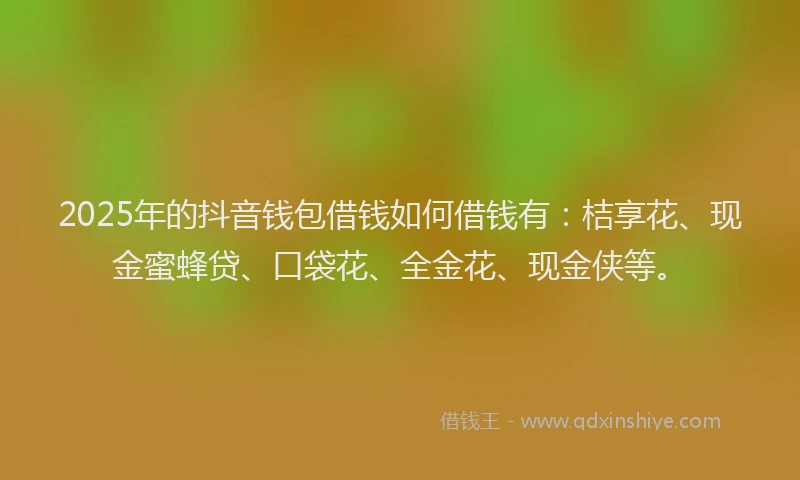2025年的抖音钱包借钱如何借钱有：桔享花、现金蜜蜂贷、口袋花、全金花、现金侠等。