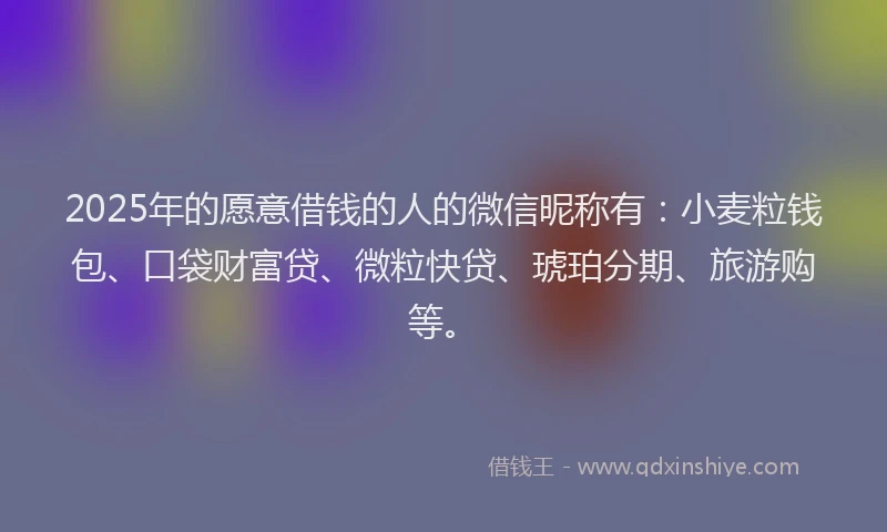 2025年的愿意借钱的人的微信昵称有：小麦粒钱包、口袋财富贷、微粒快贷、琥珀分期、旅游购等。