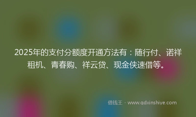 2025年的支付分额度开通方法有：随行付、诺祥租机、青春购、祥云贷、现金侠速借等。