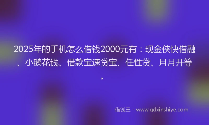 2025年的手机怎么借钱2000元有：现金侠快借融、小鹅花钱、借款宝速贷宝、任性贷、月月开等。
