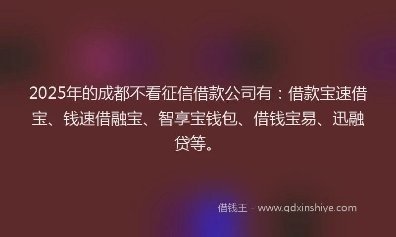 2025年的成都不看征信借款公司有:借款宝速借宝、钱速借融宝、智享宝钱包、借钱宝易、迅融贷等。