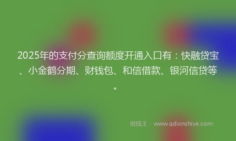 2025年的支付分查询额度开通入口有：快融贷宝、小金鹤分期、财钱包、和信借款、银河信贷等。