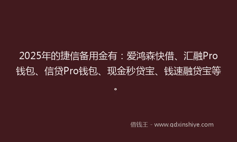 2025年的捷信备用金有：爱鸿森快借、汇融Pro钱包、信贷Pro钱包、现金秒贷宝、钱速融贷宝等。