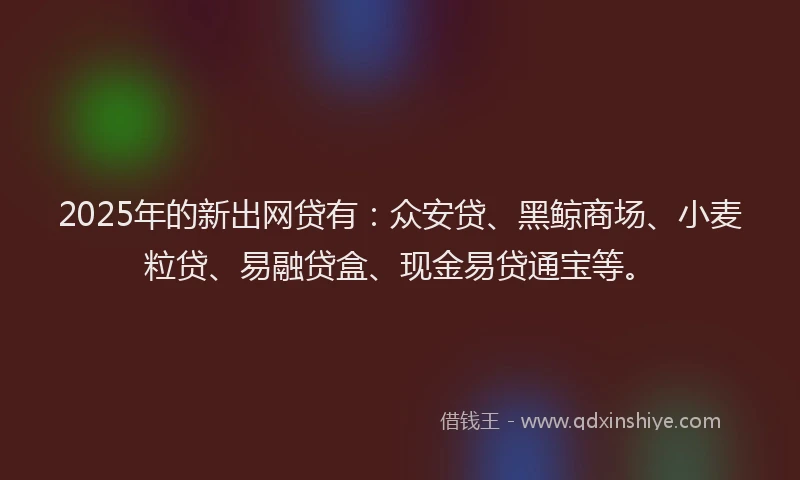 2025年的新出网贷有：众安贷、黑鲸商场、小麦粒贷、易融贷盒、现金易贷通宝等。